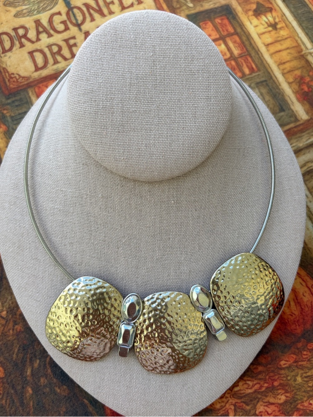 Chico's Gold and Silver Hammered Disc Collar Necklace